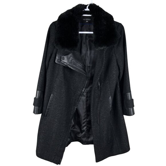 Via Spiga Women 16W Black Wool Blend Faux Fur Collar Asymmetrical Coat Old Money - Picture 6 of 16